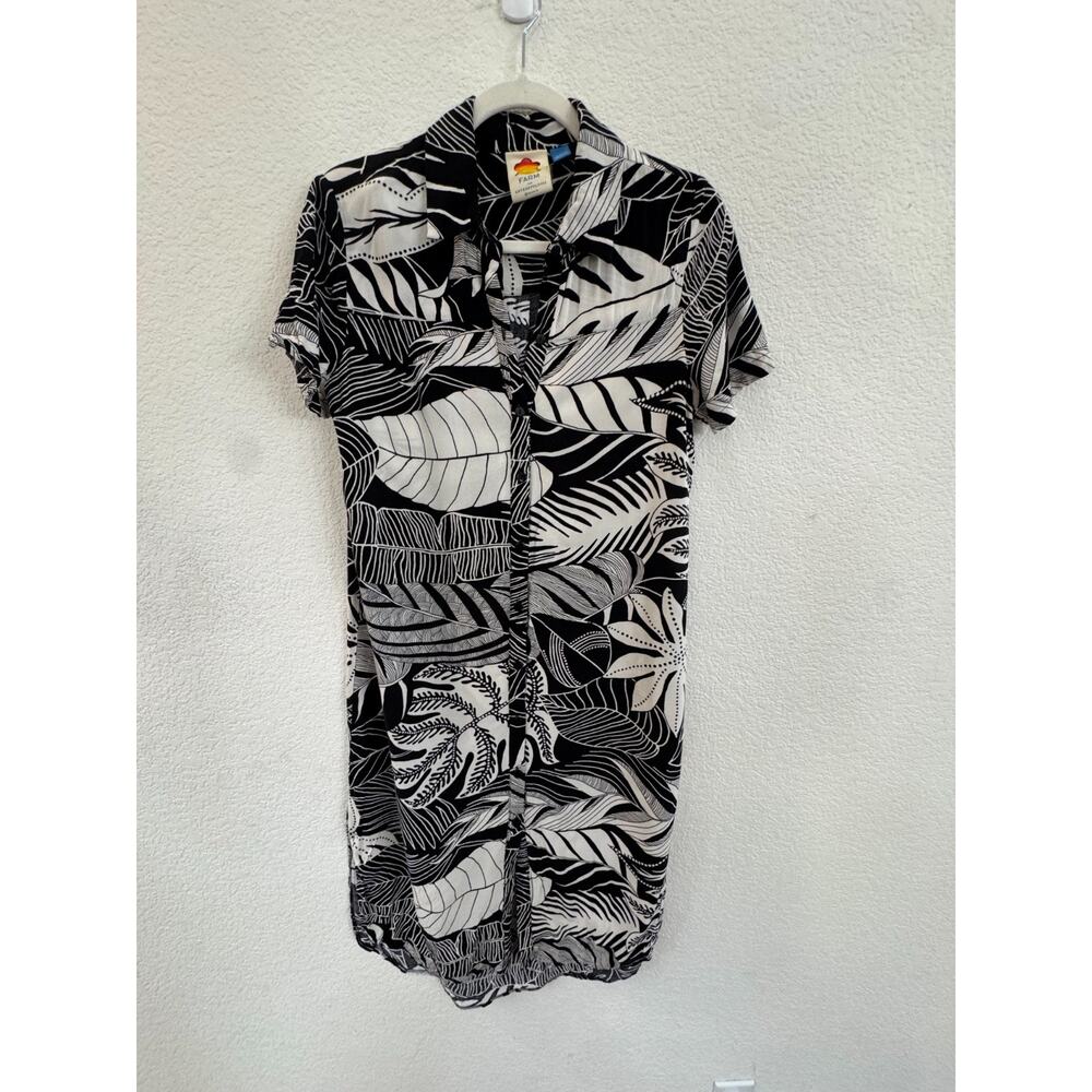 Anthro/Farm Rio Adonidia Shirtdress Black & White Tropical Print Petite Medium